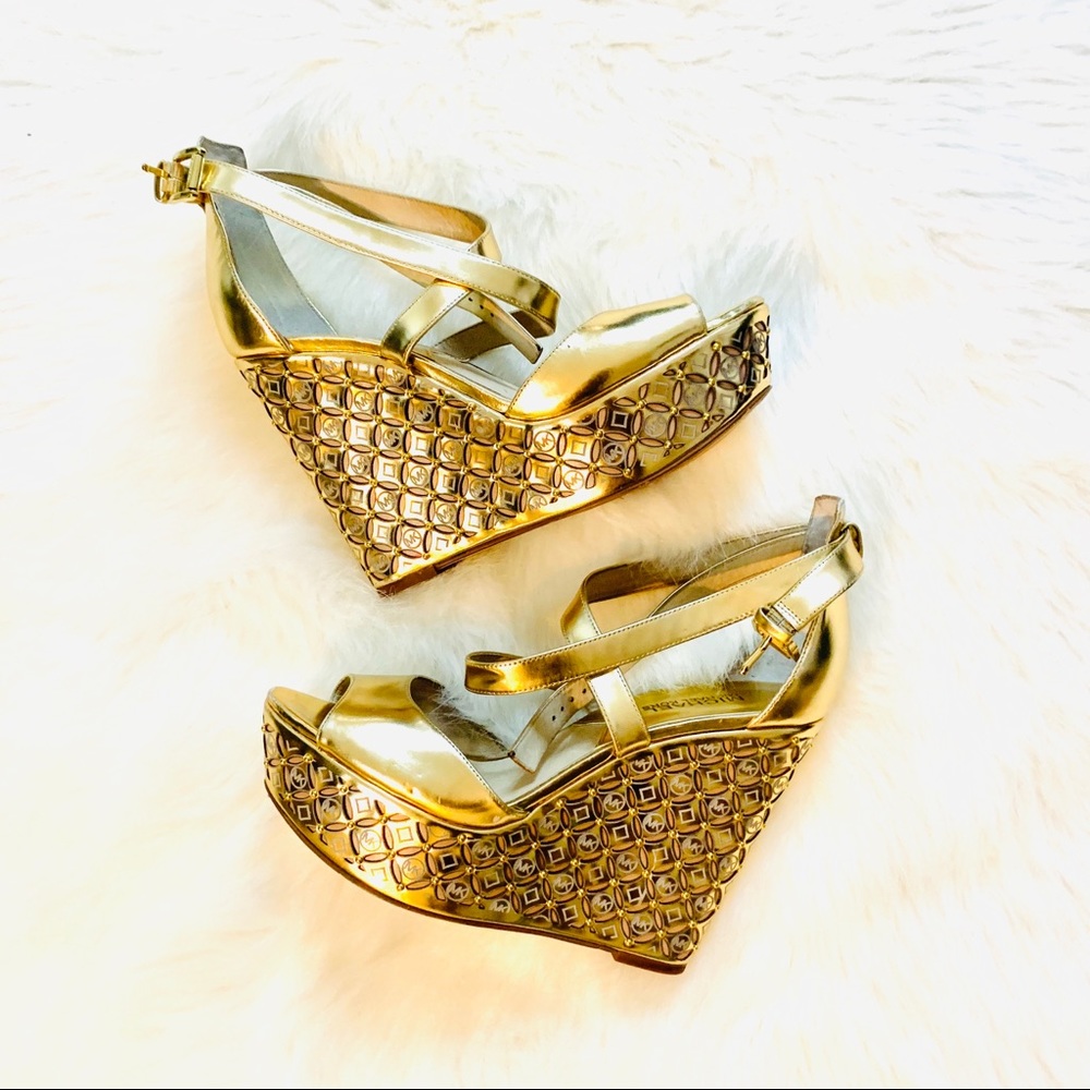 Cute Michael Kors Gabriella Gold Wedge Sandals 8.5